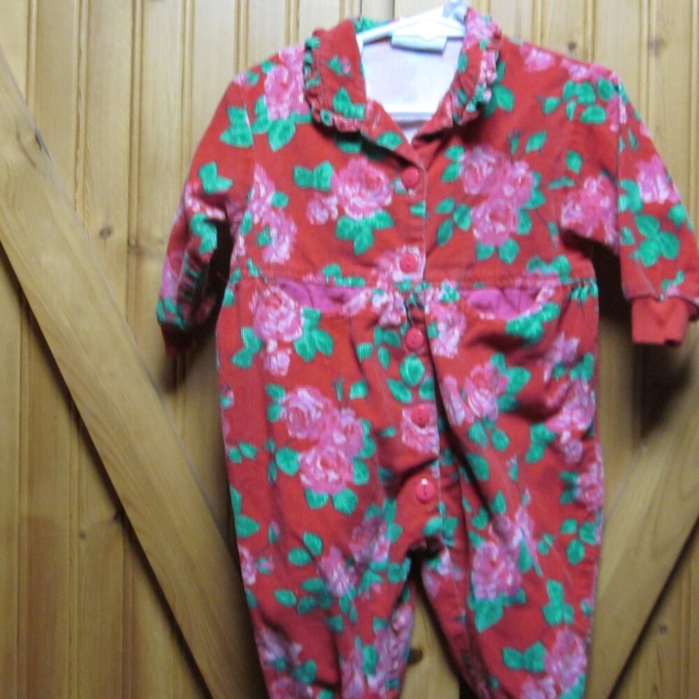 boho vtg  infant girl 6-9 mos corduroy jumpsuit red floral